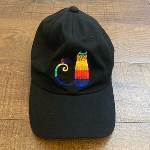 Laurel Burch Black Hat Eclectic Boho Rainbow Cat Embroidery EUC